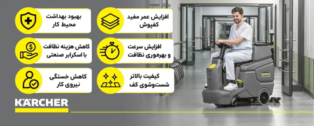مزایای اسکرابر صنعتی نسبت به روشهای سنتی نظافت را بررسی کنید؛ از افزایش سرعت و کیفیت شستوشوی کف تا کاهش هزینه نیروی انسانی، صرفهجویی در مصرف آب و مواد شوینده و کاهش خطر لغزندگی محیط.