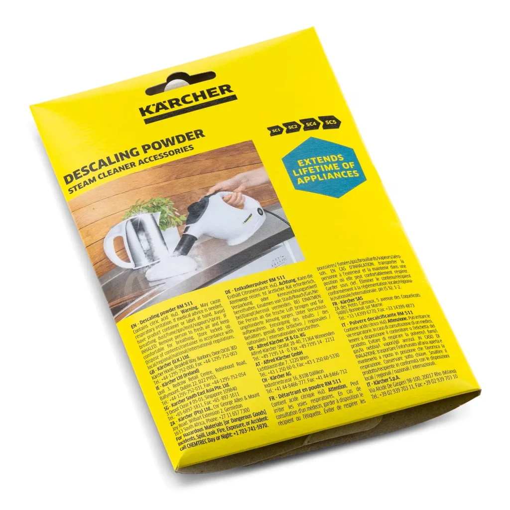 پودر رسوبزدای Kärcher RM 511 یک محصول تخصصی برای حذف رسوبات آهکی از بخارشویها و دستگاههای آب گرم است که در بسته ۶ عددی ۱۷ گرمی عرضه میشود. این محصول با سازگاری متریال تأییدشده برای دستگاههای Kärcher طراحی شده و علاوه بر بخارشوی، برای رسوبزدایی کتری و قهوهساز نیز کاربرد دارد.